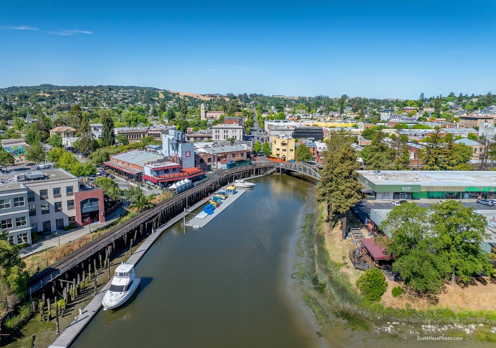 Aerial view of the Petaluma turning basin, with the trestle on the left and Balshaw Bridge in the background.