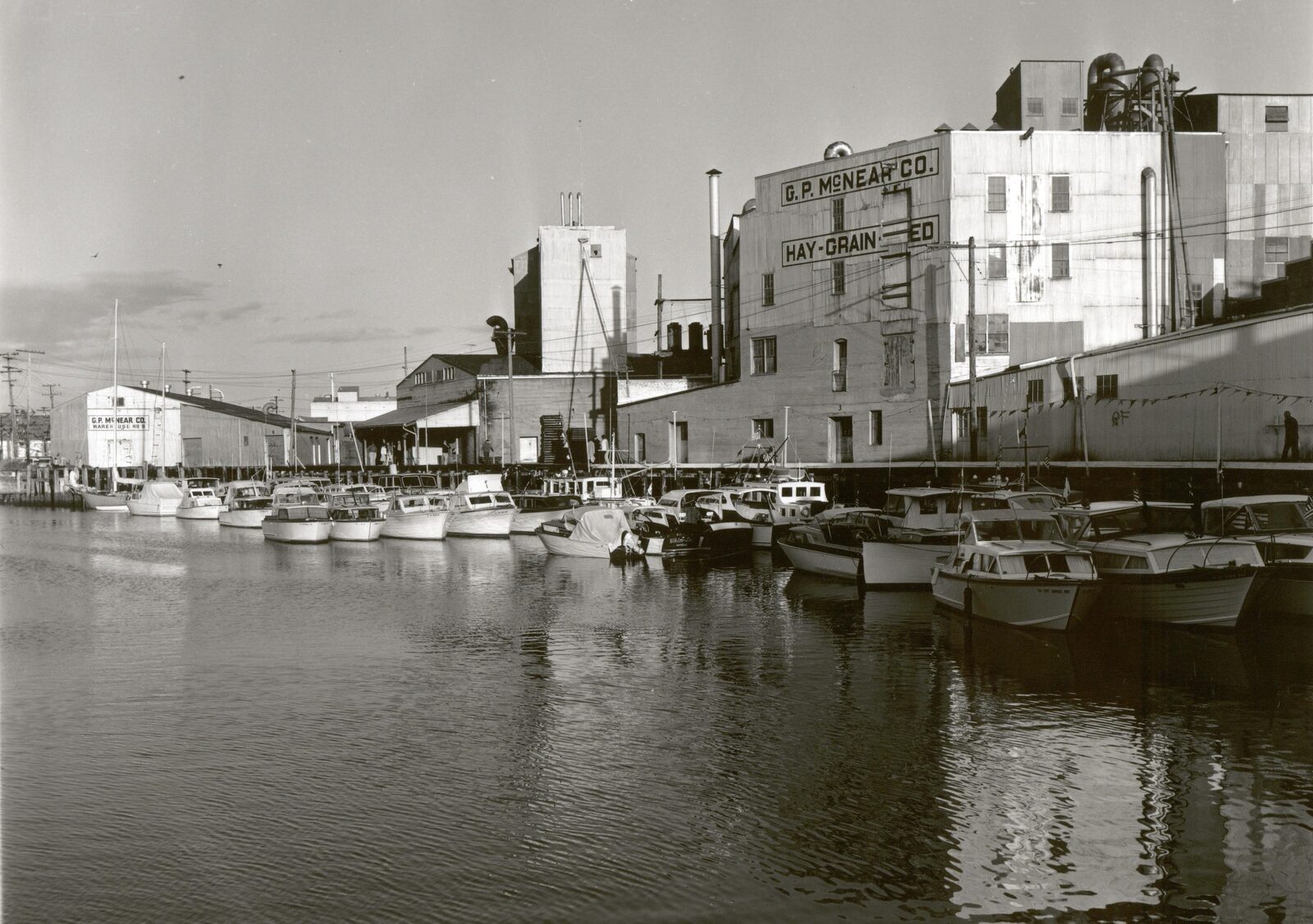 Cabin cruisers and small boats moored along the Petaluma River docks near the trestle in the 1950s.