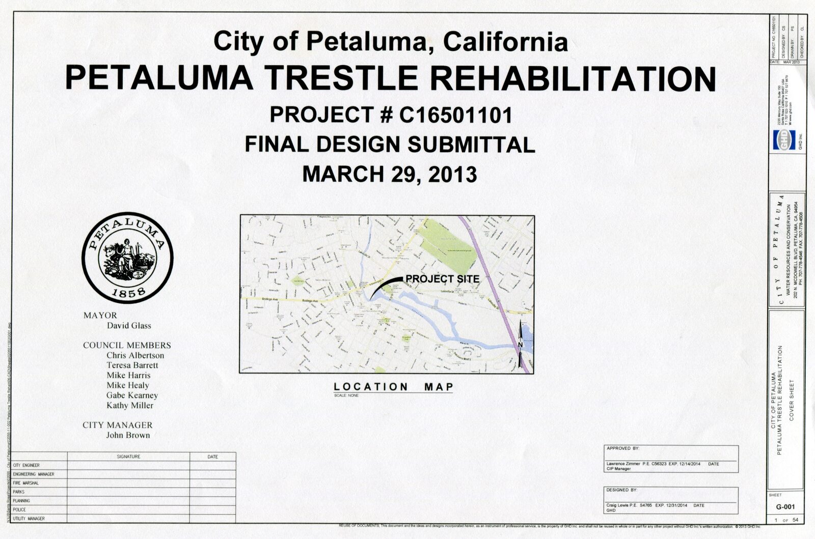 Cover sheet of the 2013 GHD Final Design Submittal for the Petaluma Trestle Rehabilitation project.
