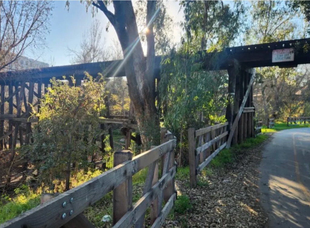 The historic timber railroad trestle over Coyote Creek in San Jose.