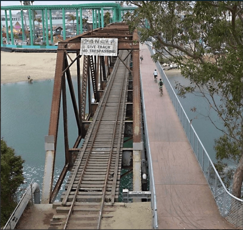The rehabilitated San Lorenzo River railroad trestle and its pedestrian deck in Santa Cruz.