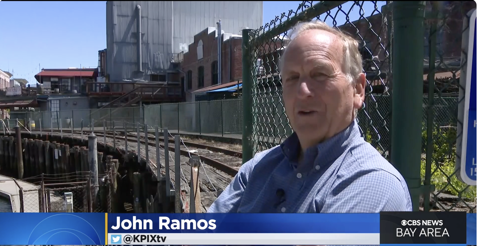 Screen shot from CBS News Bay Area report showing John Ramos in the foreground and the dilapidated Trestle in the background.