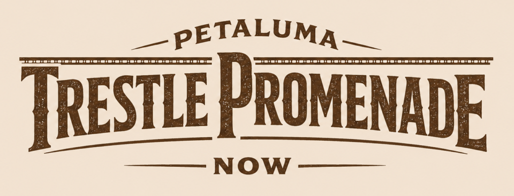 Petaluma Trestle Promenade Logo - Brown Text in the shape of a trestle on beige background.