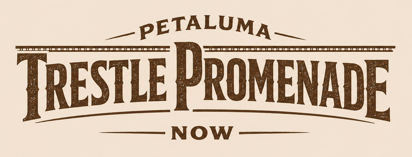 Petaluma Trestle Promenade Logo - Brown Text in the shape of a trestle on beige background.